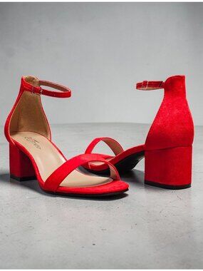 Red Block Heel Sandals With Ankle Strap  Womens Shoes Open Toe Design Elegant &
